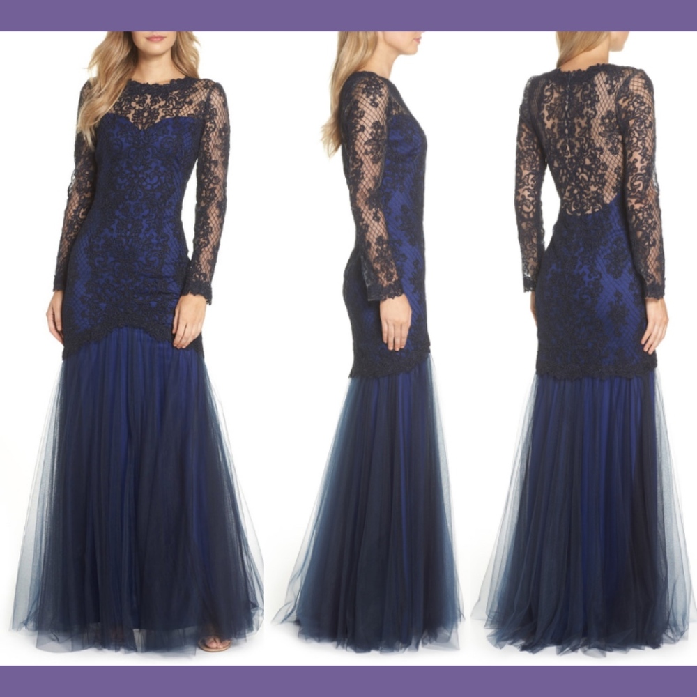 NEW $770 Tadashi Shoji Corded Lace &‎ Tulle Gown Blue/Black [SZ 4 ]